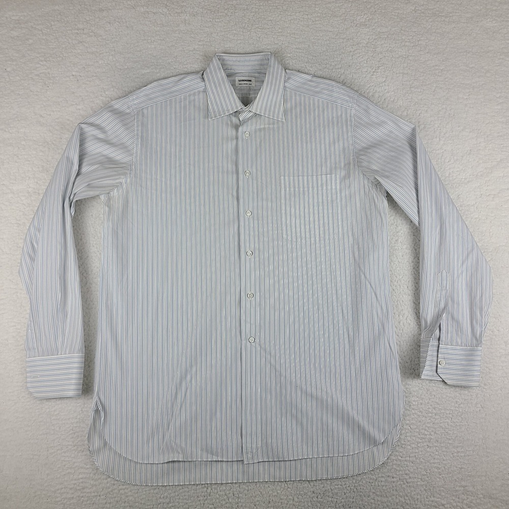 Lorenzini Dress Shirt‎ Mens 17/43 Blue White Striped 100% Cotton Button Up GC